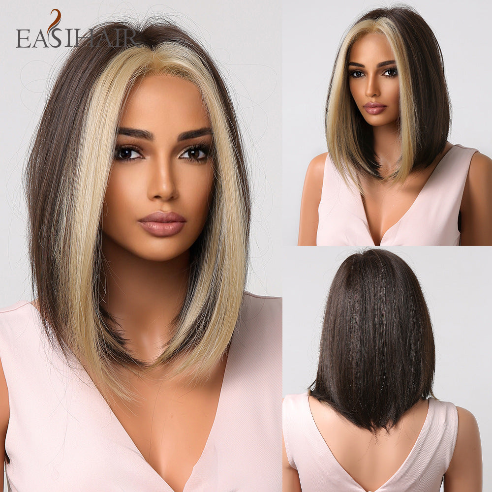 Female Brown Gradient Golden Mechanism Fiber Wig Short Straight Hair