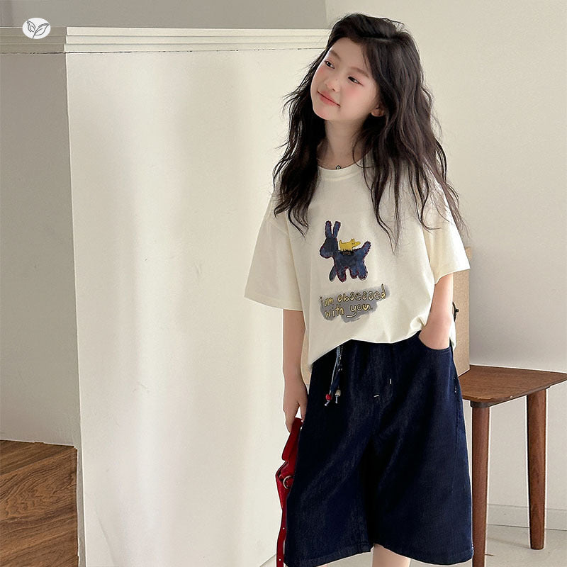 Korean Style T-shirt Light Sier Denim Cropped Pants Printed Short Children's Suit