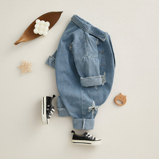 Denim Jumpsuit Male Female Long Sleeve Ripped Rompers Jumpsuit, Climbing Suit