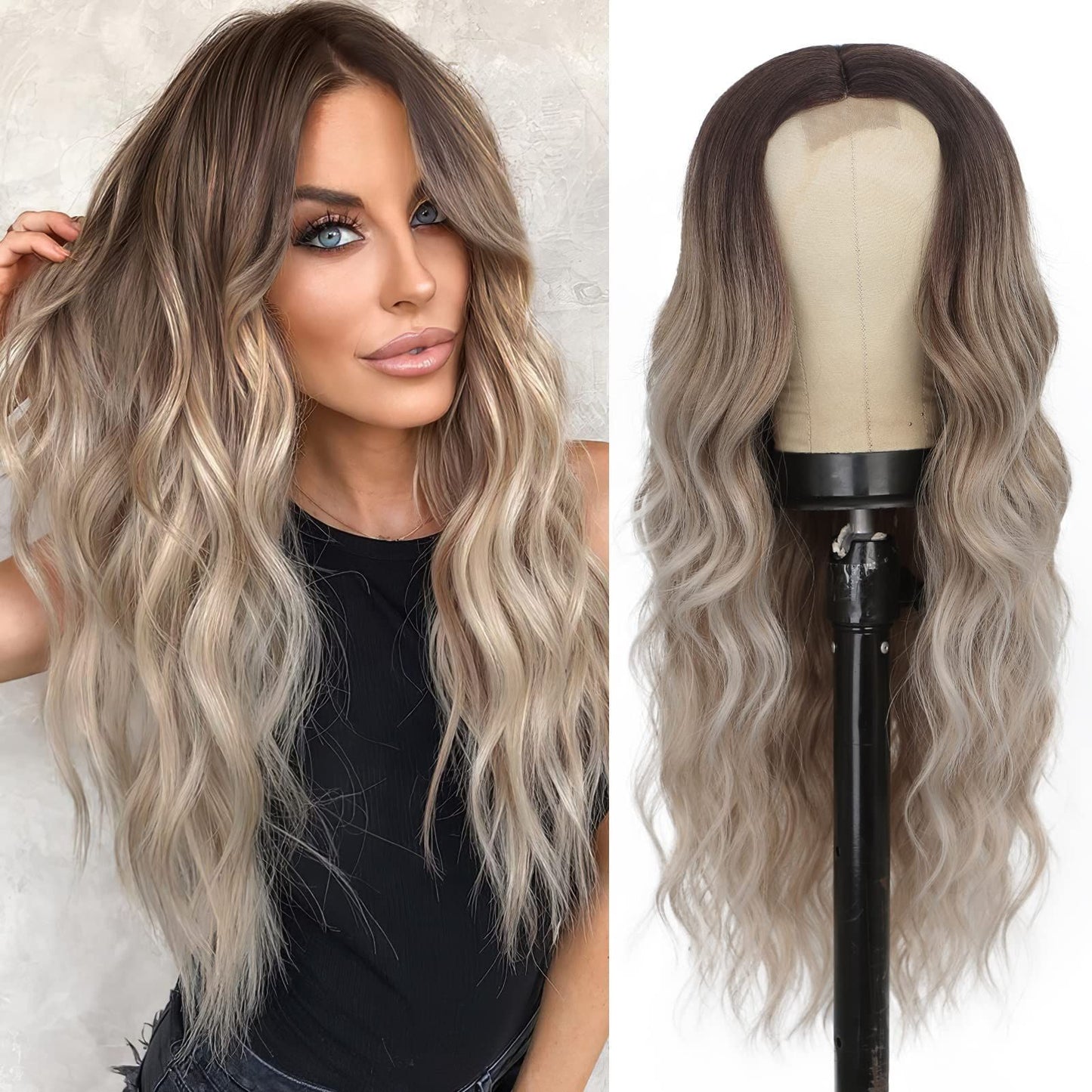 Gradient White Gold Female Middle Curly Synthetic Wig Long Curls