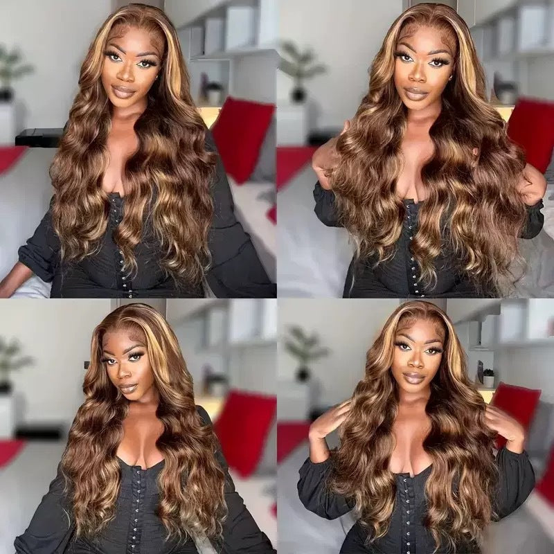 Brown Highlights Curly Hair Big Wave Piano Wig Long Curls