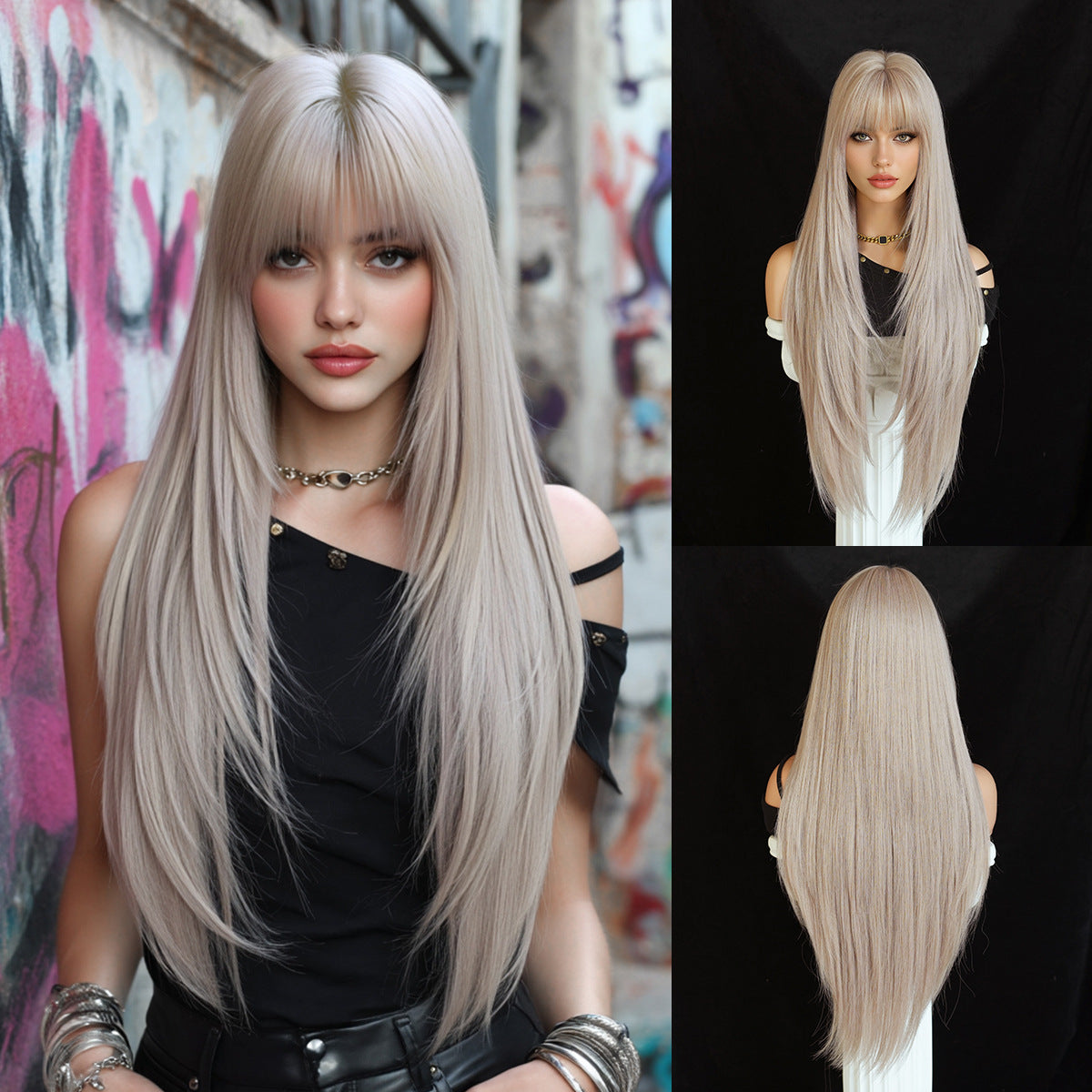 Black Full Top Bangs High Quality Chemical Long Straight Wig
