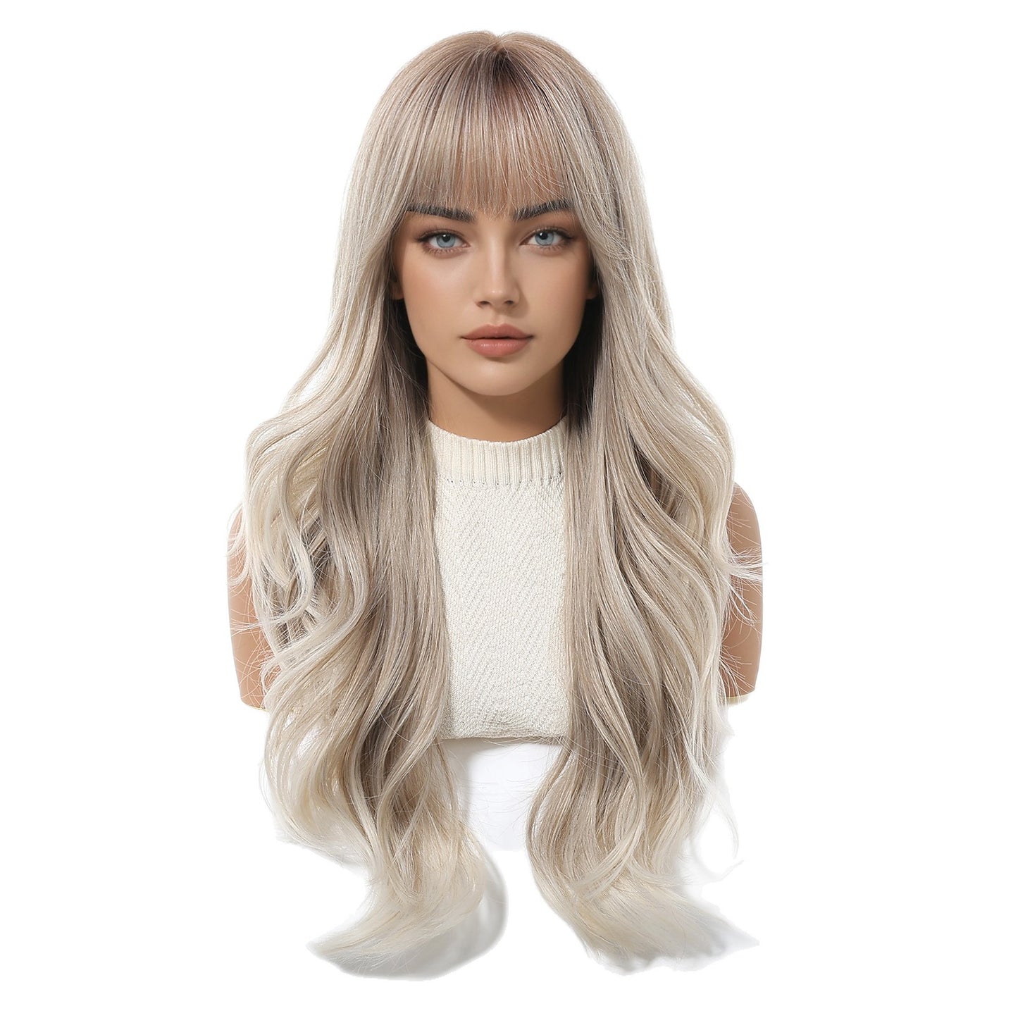 Women's Fashionable Vigorous Bangs Gradient Golden Water Ripple Curly Wig Long Curls