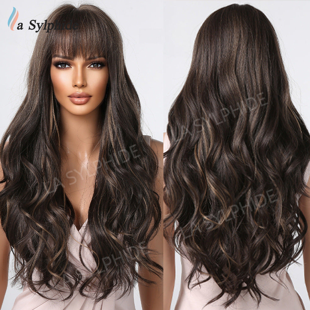 Fringe Curly Hair Highlights Brown Big Wave Wig Long Curls