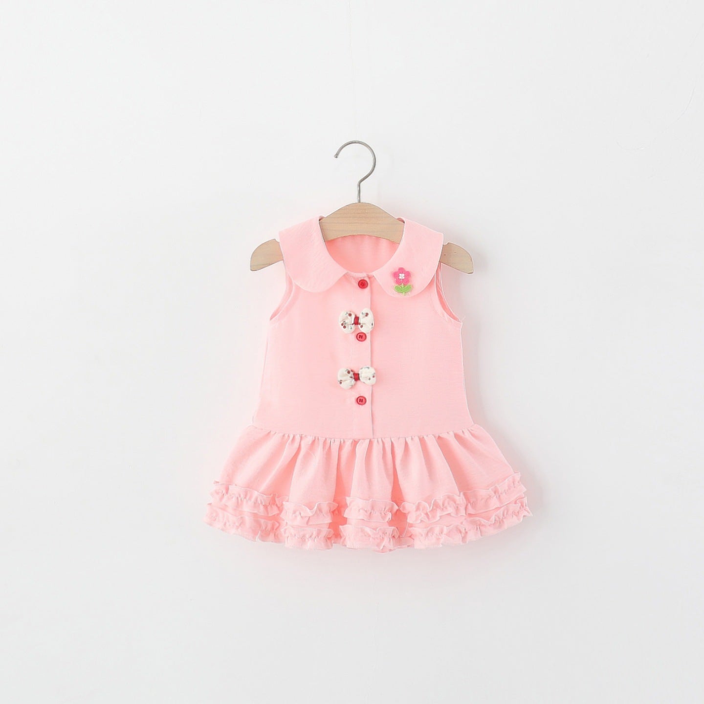 Children's Summer Solid Color Peter Pan Collar Flower Bow Tie Cotton Children's Dress