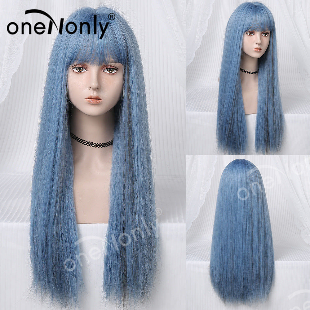 Women's Hair Korean Style Bangs Blue Natural Wig Long Curls
