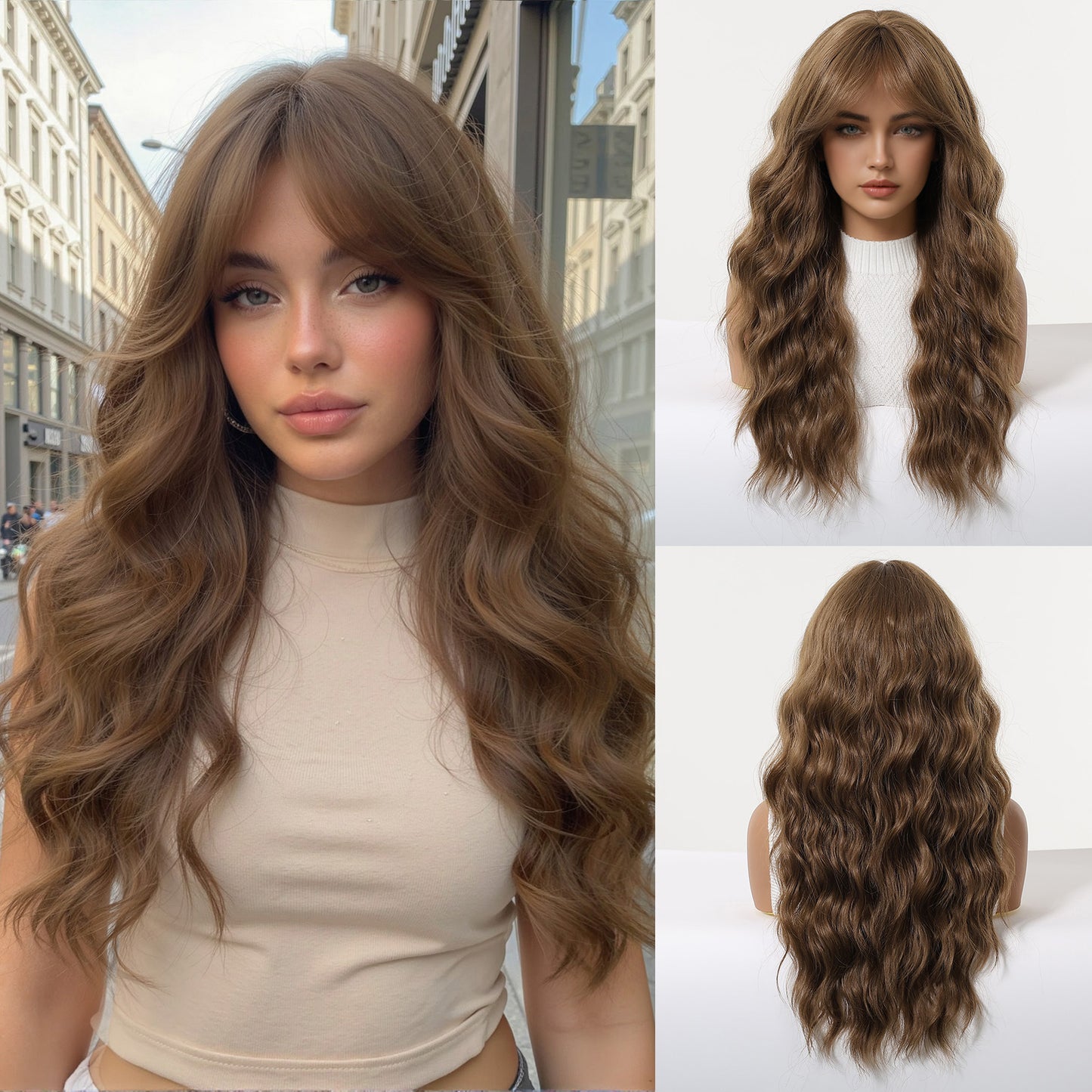 Gradient Platinum Curly Bangs Fluffy Natural Fiber Wig Long Curls