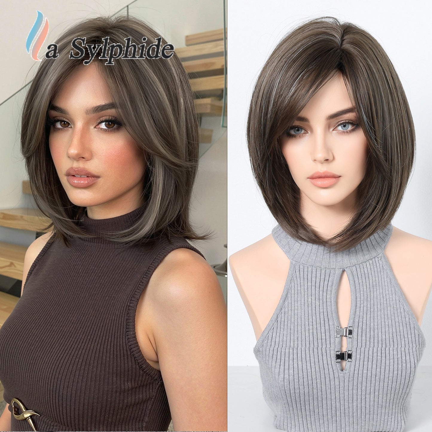 Dyed Brown Collarbone Straight Partial Bangs Breathable Rose Mesh Head Wig Short Curly Hair
