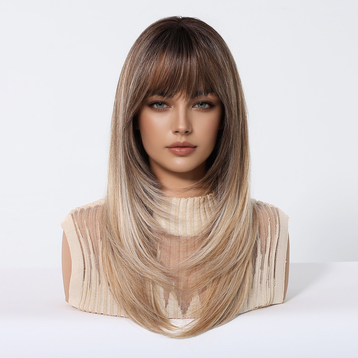 Bangs Layered Atmosphere Black Brown Hair Long Straight Wig