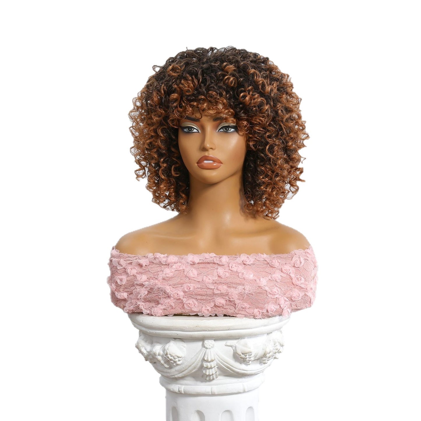 Bangs Orange Highlight Color Mixing Machine Wig Short Curly Hair