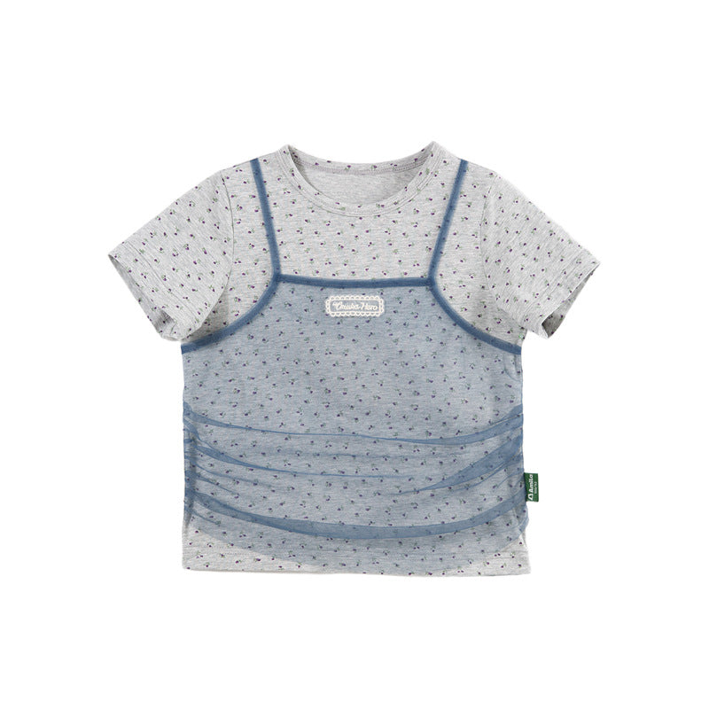 Children's Clothing Summer Floral Bottoming Mesh Camisole Pastoral Style Children's T-shirt