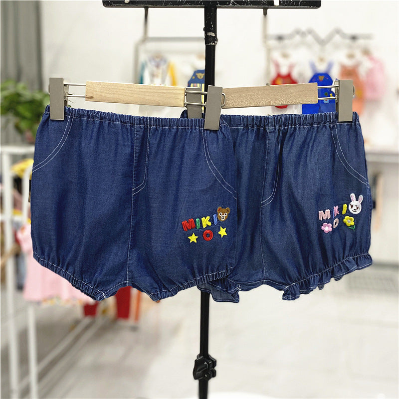 Children's Soft Embroidered Denim Bear Bunny Shorts Big Outer Children's Pants