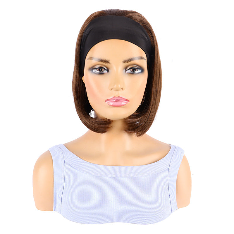 Women's Brown Black Band Head Cover Inner Wig Short Straight Hair