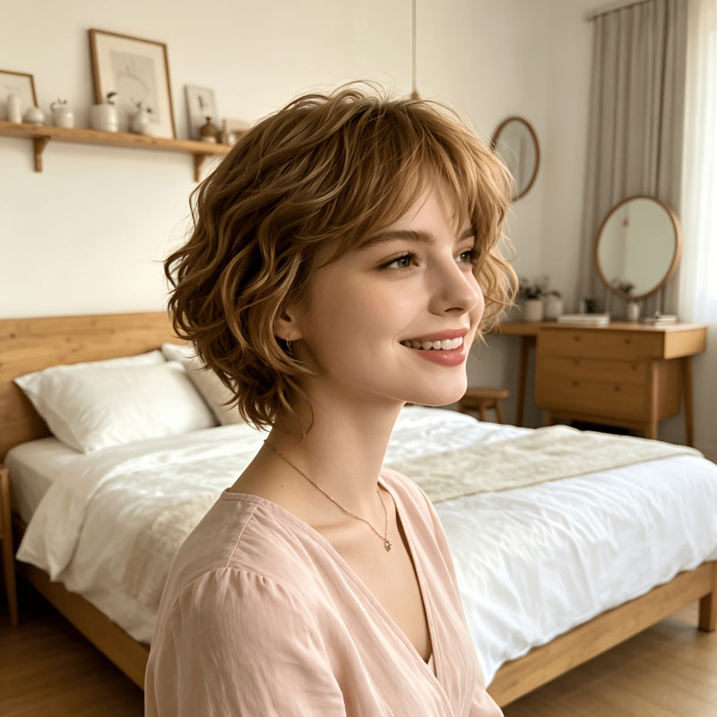 Female Rose Net Partial Gradient Platinum Fashion Wig Short Curly Hair