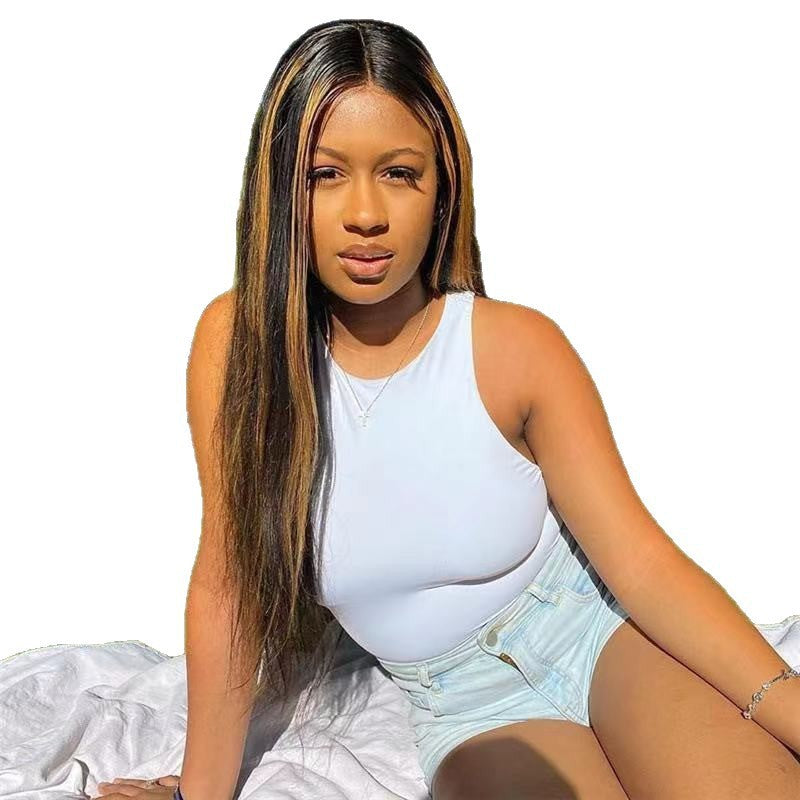 Women's African Fashion Medium Hair Highlights Gradient Color Long Straight Wig