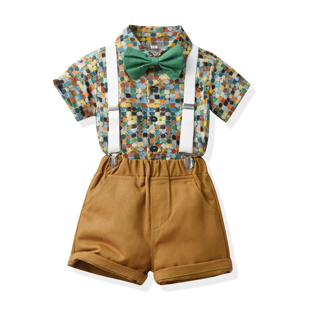Children's Summer Clothing Short-sleeved Cotton Shirt Suspender Pants One Year Old Children's Suit