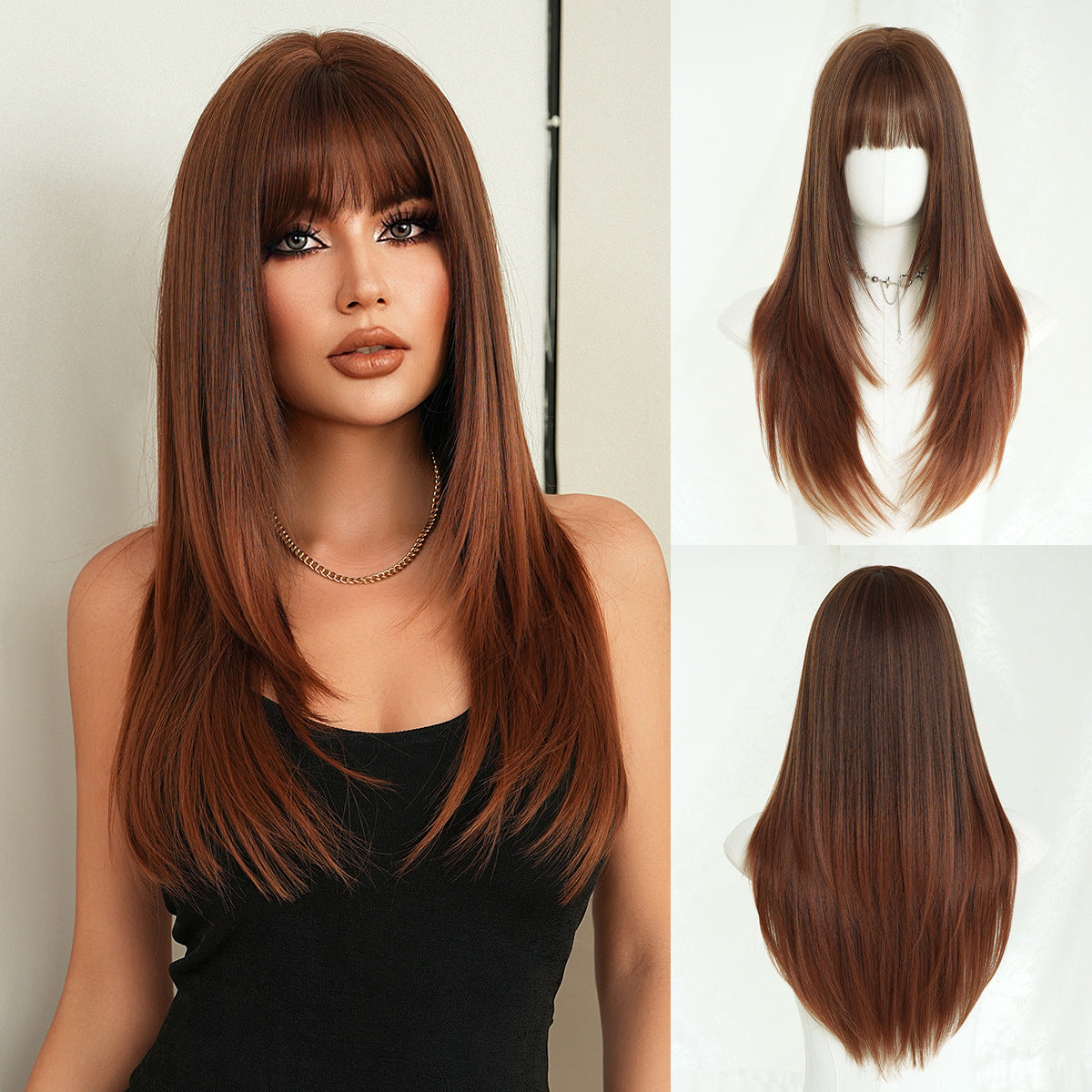 Black Full Top Bangs High Quality Chemical Long Straight Wig