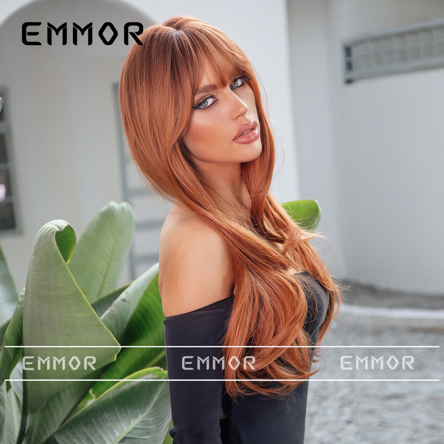 Bangs Dirty Orange Gradient Curly Hair Wig Long Curls