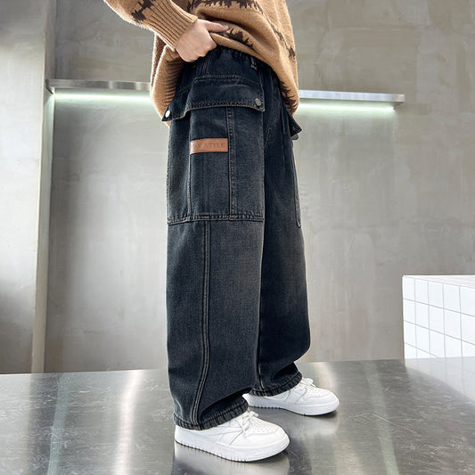 Children's Clothing Straight Jeans Overalls Medium Big Autumn Pu Children's Pants