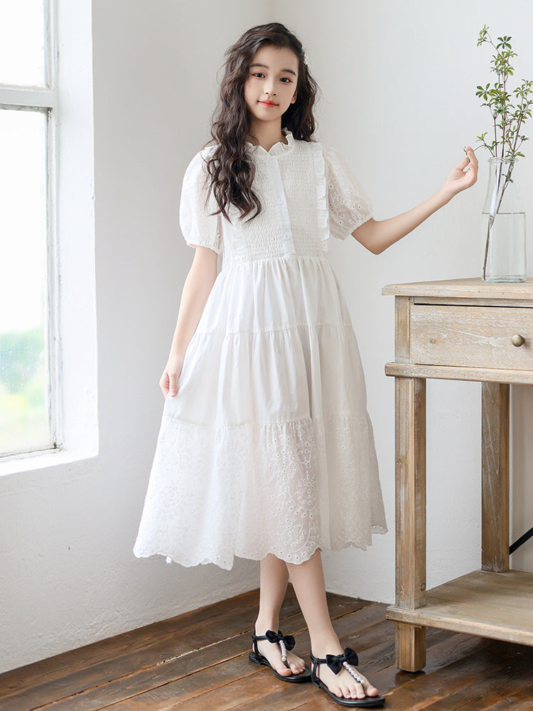 High-grade Wooden Ear Collar Smocking Skirt Big Children's Dress