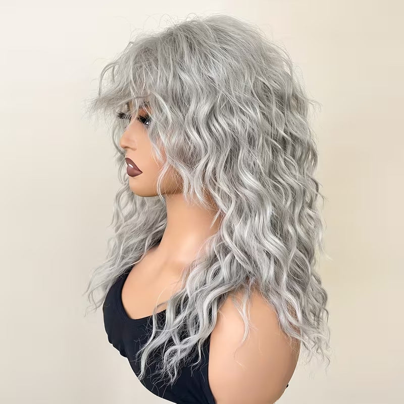Women's White Fluffy Water Ripple Curly Hair Fiber Synthetic Wig Long Curls