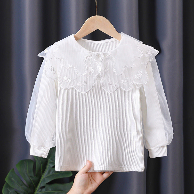 Children's Long-sleeved Pure Cotton White Doll Collar Lace Top Children's T-shirt