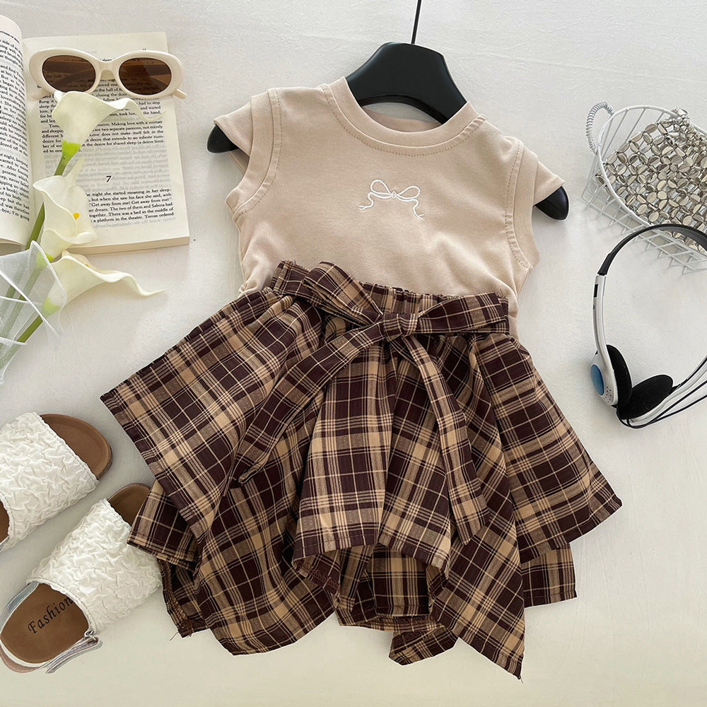 Thin Plaid Bow Irregular Skirt Two-piece Children's Suit