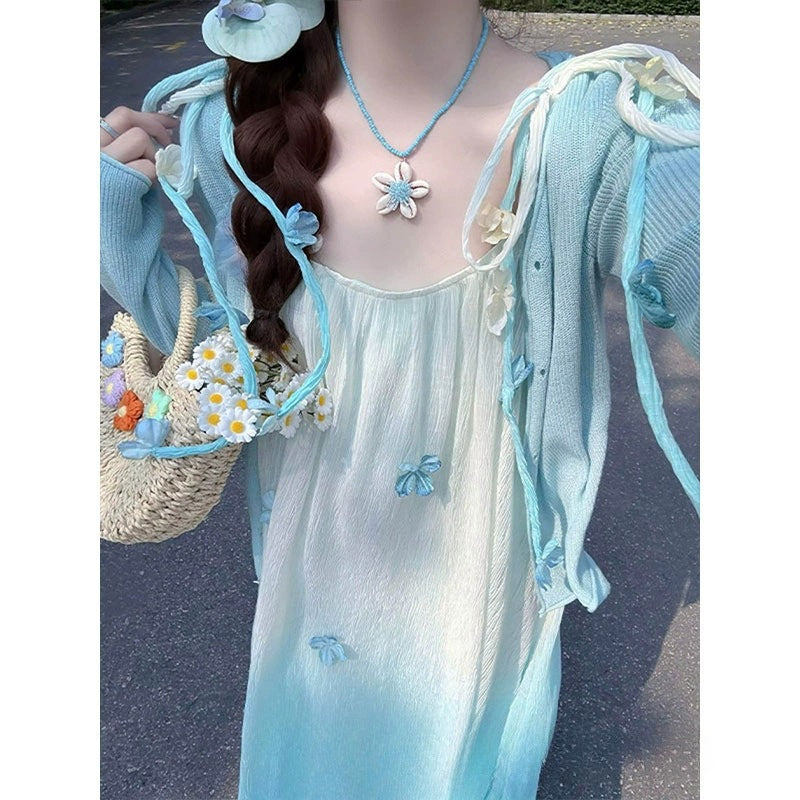 Women's Mint Mambo Style Gradient Blue Strap For Summer Gentle Seaside Children's Dress