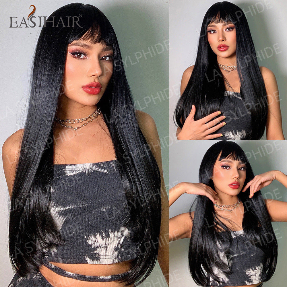 Red Brown Hair Side Bangs Female Mechanism Long Straight Wig