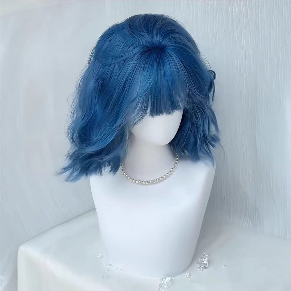 Sea Blue Bangs Small Curls Daily Wig Short Curly Hair