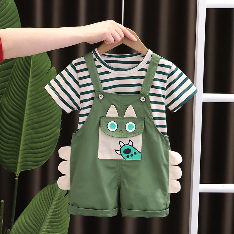 Children's Clothes For Babies Summer Short-sleeved Split Striped Suspender Pants Children's Suit
