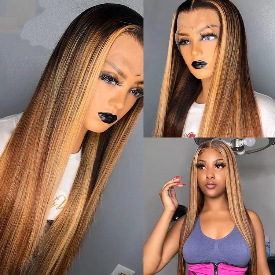 Women's African Fashion Medium Hair Highlights Gradient Color Long Straight Wig