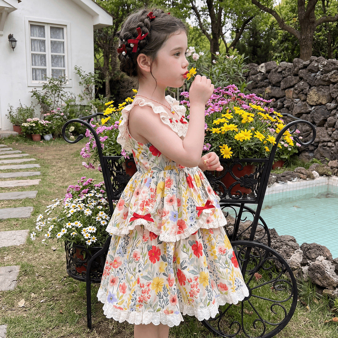 Children's Summer Floral Lace Pastoral Style Cotton Skirt Little Children's Dress