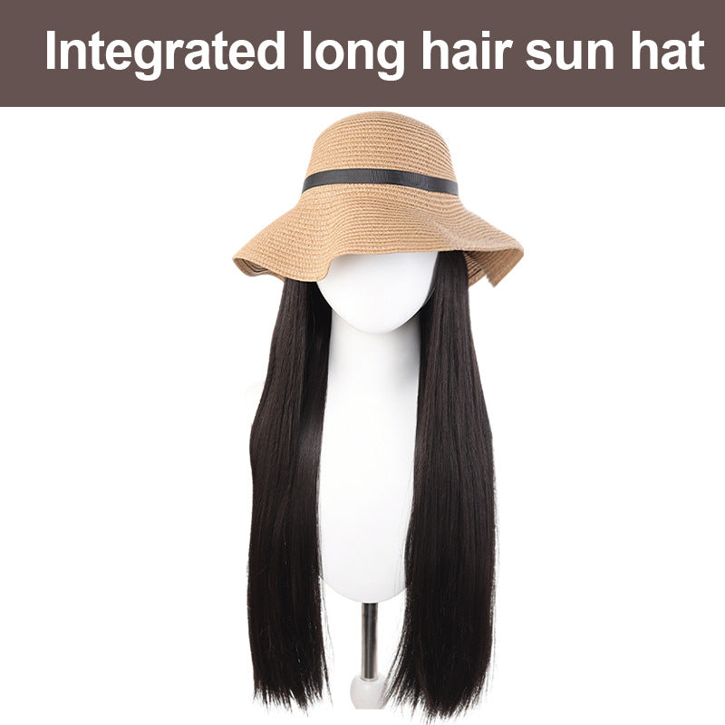 Beach Hat Hair One-piece Summer Sun Protection Long Straight Wig