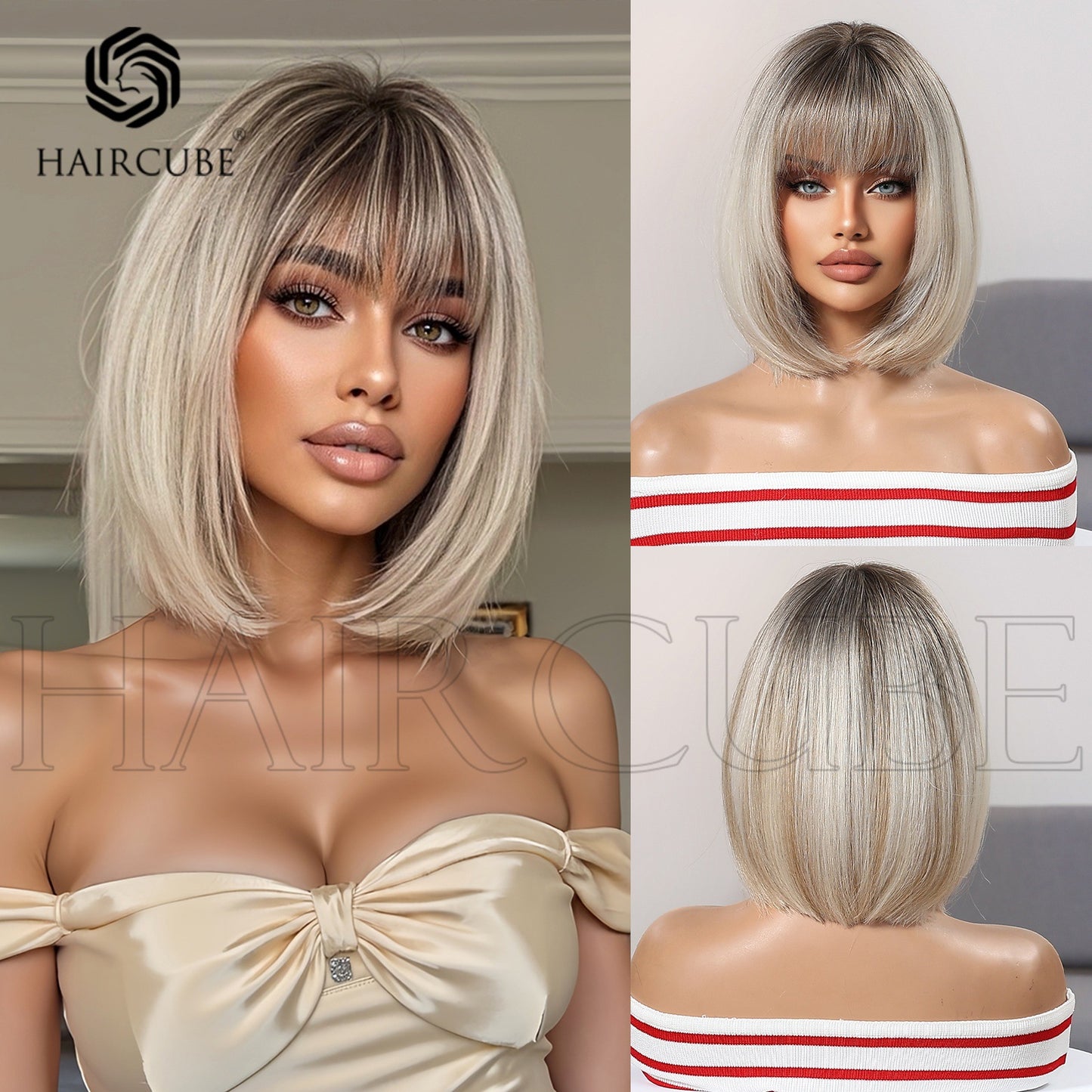 Pretty Head Cover Gradient Wave Bangs Wig Short Straight Hair