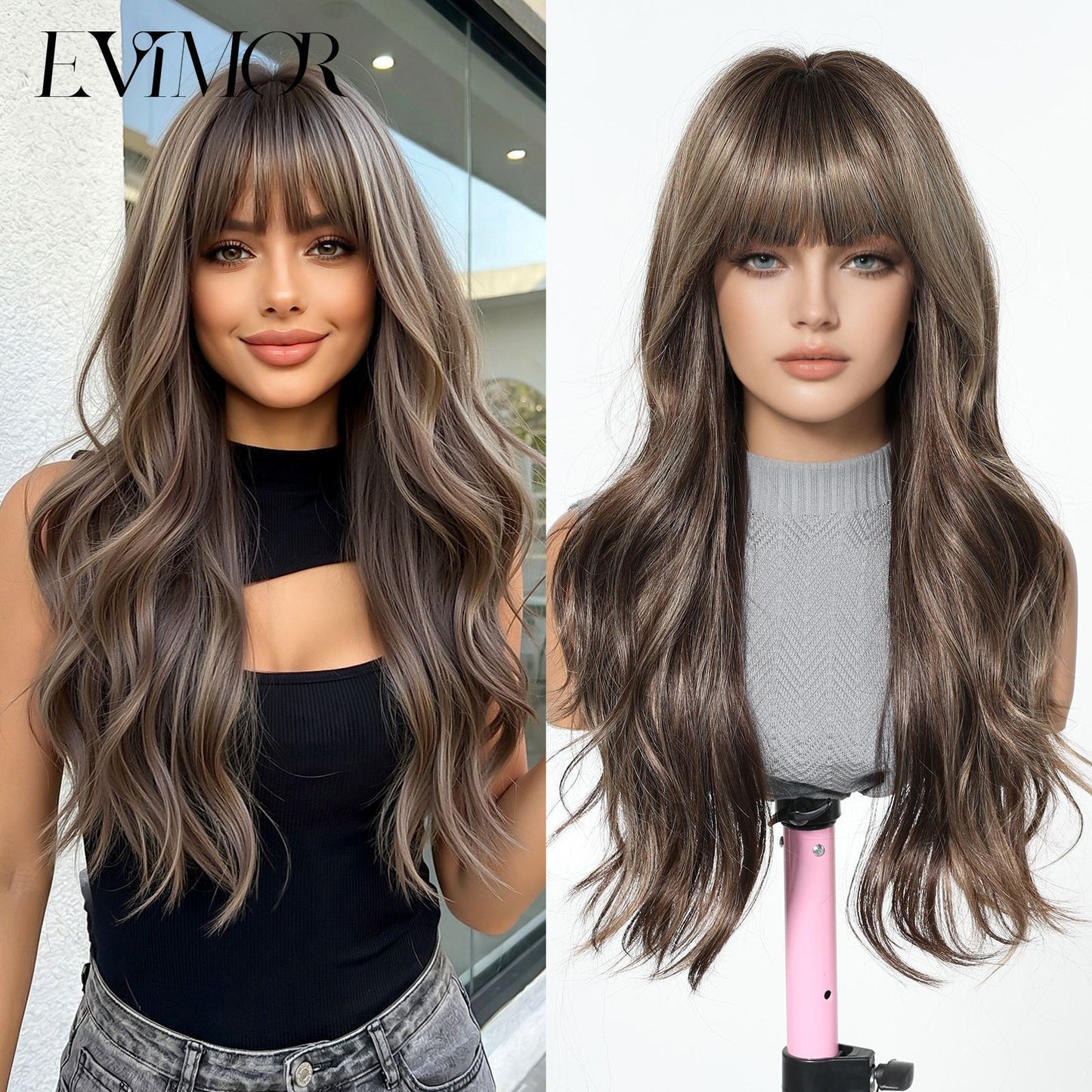 Gradient Gray Gold Curly Air Bangs Wig Long Curls