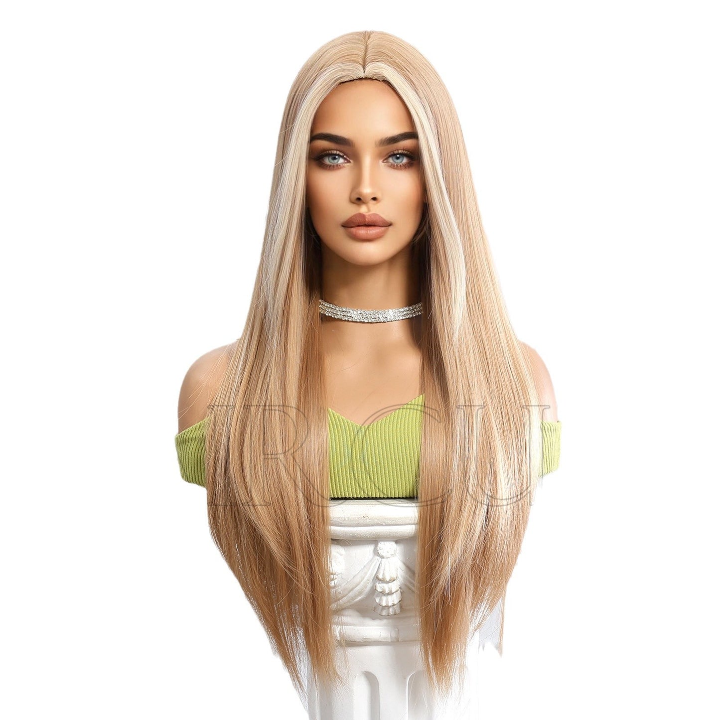 Female Headgear Mid-length Hair Chemical Fiber Golden Highlight Long Straight Wig