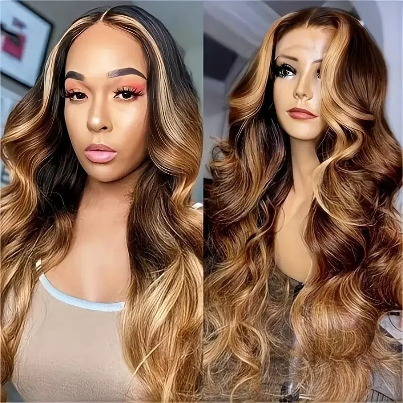 Brown Highlights Curly Hair Big Wave Piano Wig Long Curls