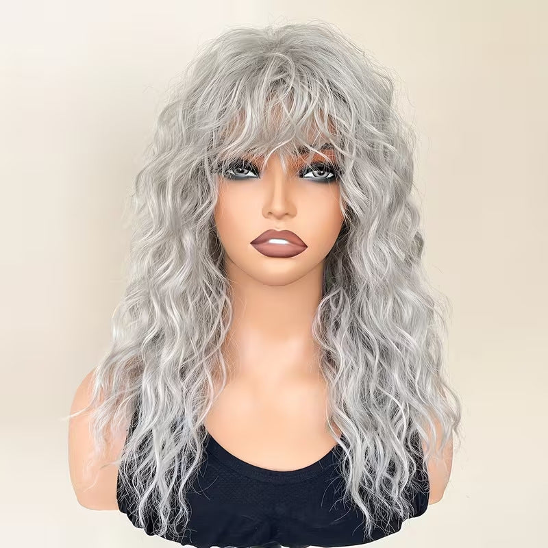 Women's White Fluffy Water Ripple Curly Hair Fiber Synthetic Wig Long Curls