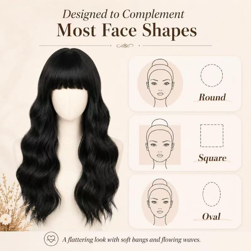 Curly Hair Black Bangs Natural Fiber Wig Long Curls