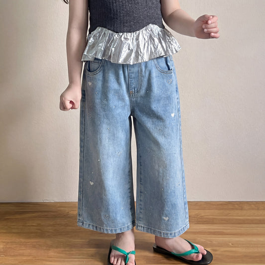 Summer Thin Jeans Embroidered Heart Rhinestone Children's Pants