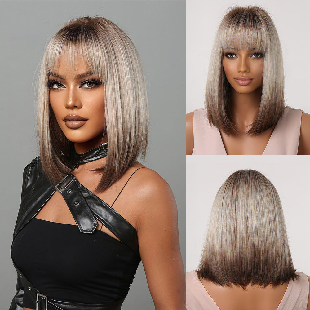Female Bangs Gradient Gray Chemical Fiber Wig Short Straight Hair
