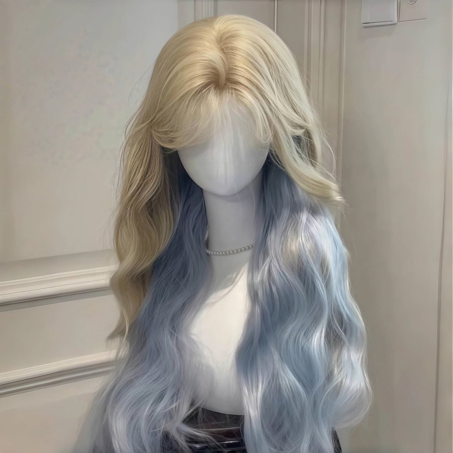 Curly Hair Blue Gradient Goddess Big Wave Style Temperament Full Wig Long Curls