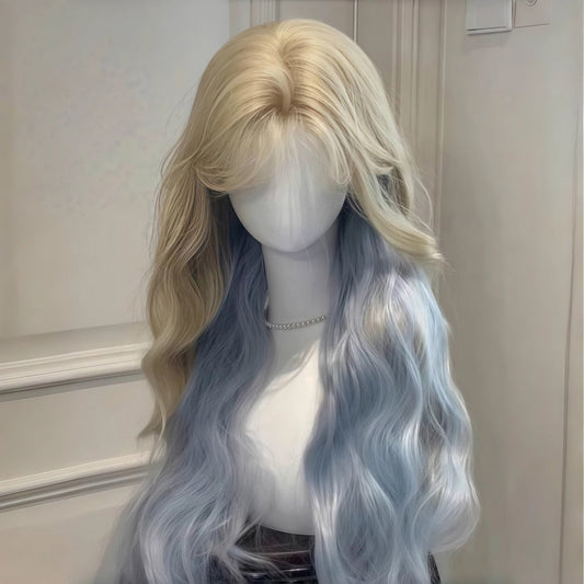 Curly Hair Blue Gradient Goddess Big Wave Style Temperament Full Wig Long Curls