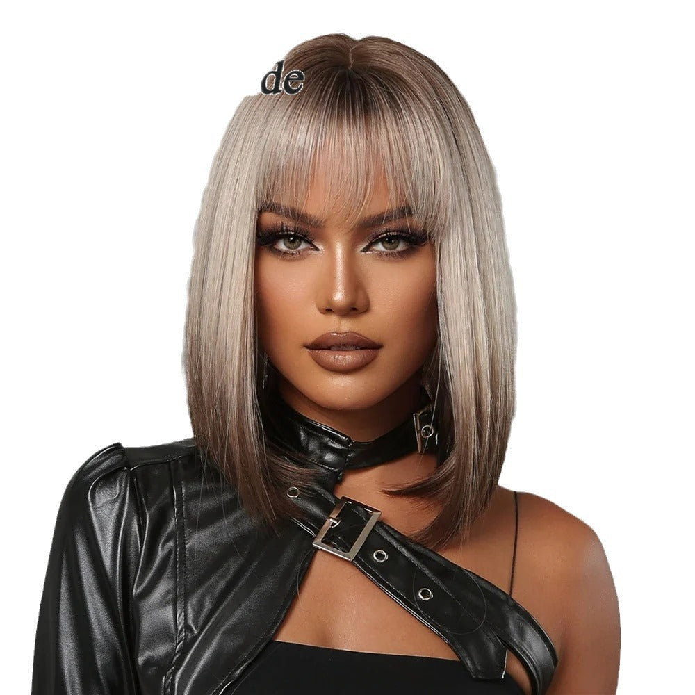 Women's Bangs Brown Gradient Sier Head Daily Wig Short Straight Hair