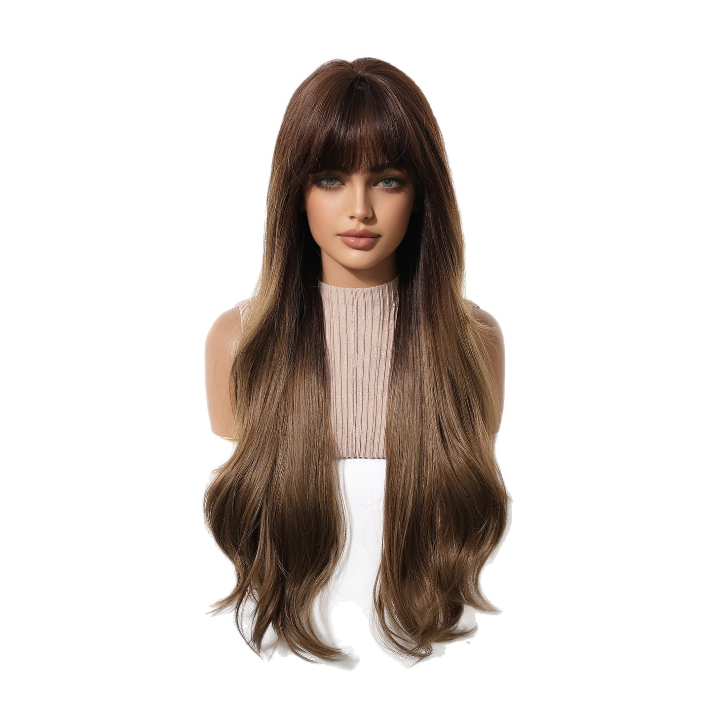 Roll Curly Hair With Bangs Natural Dark Brown Daily Chemical Wig Long Curls