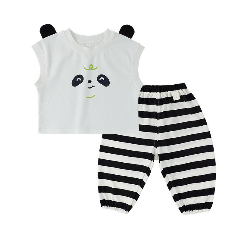Boys Summer Panda Vest Casual Striped Children's Suit