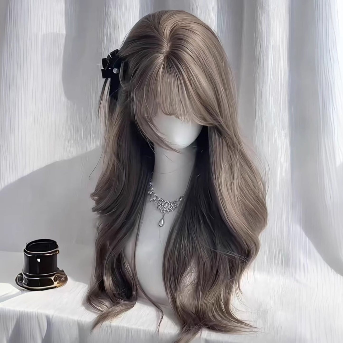 Tea Gray Brown Temperament Young Atmosphere Wig Long Curls