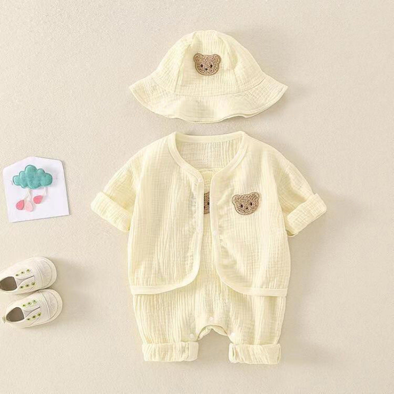 Women's & Men's Born Infant Gauze Bear Sleeveless Jumpsuit Cardigan Jumpsuit, Climbing Suit