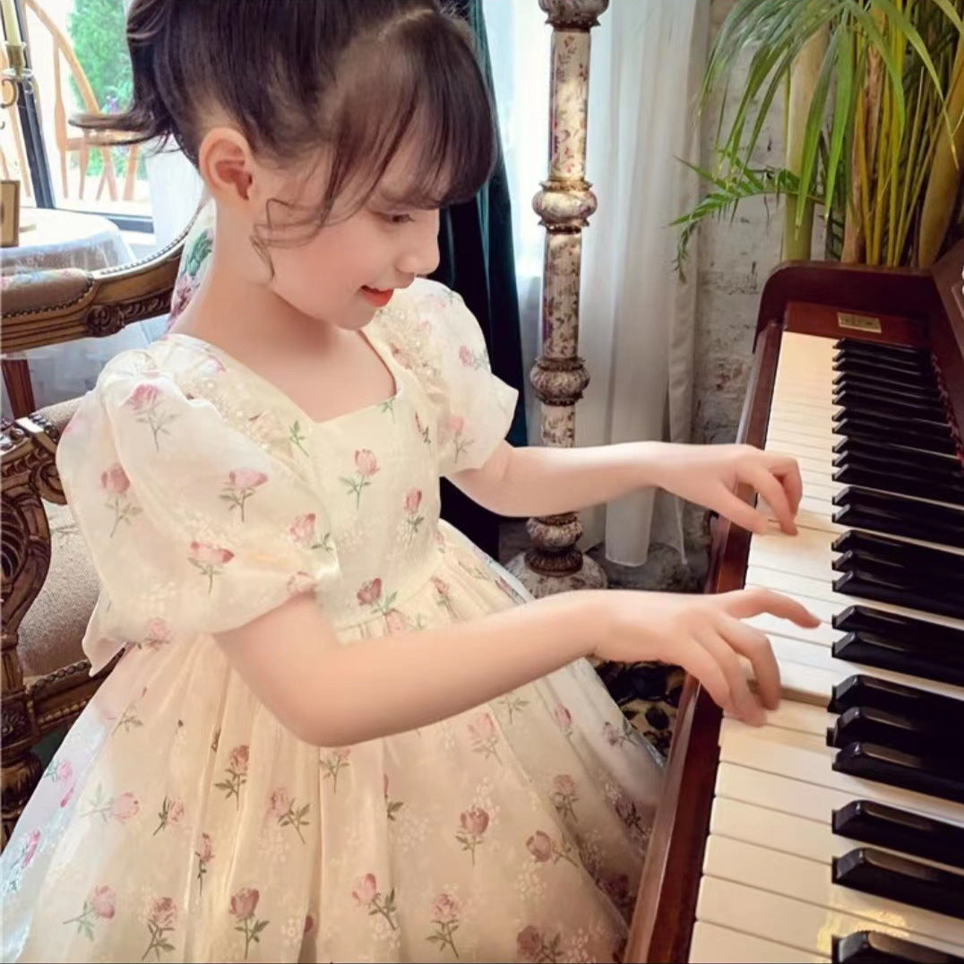 Summer Western Style Floral Skirt Little Bow Puff Children's Dress